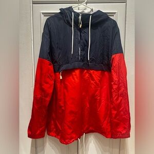 H&M Navy & Red Quarter Zip Hooded Windbreaker Raincoat Medium